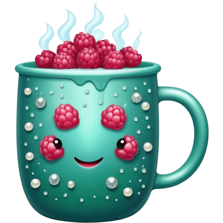 soft blue mug filled with steaming hot raspberry tea, decorated with dark green pearl and sparkly embellishments (aesthetic, cute) emoji