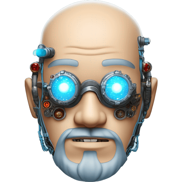  Bald Asian male cyborg head with light blue beard, red steampunk goggles and circuits emoji