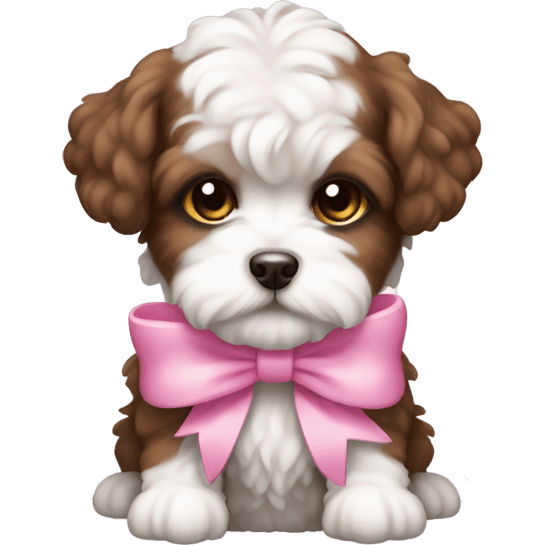 Brown and white Schichon puppy with pink bow emoji