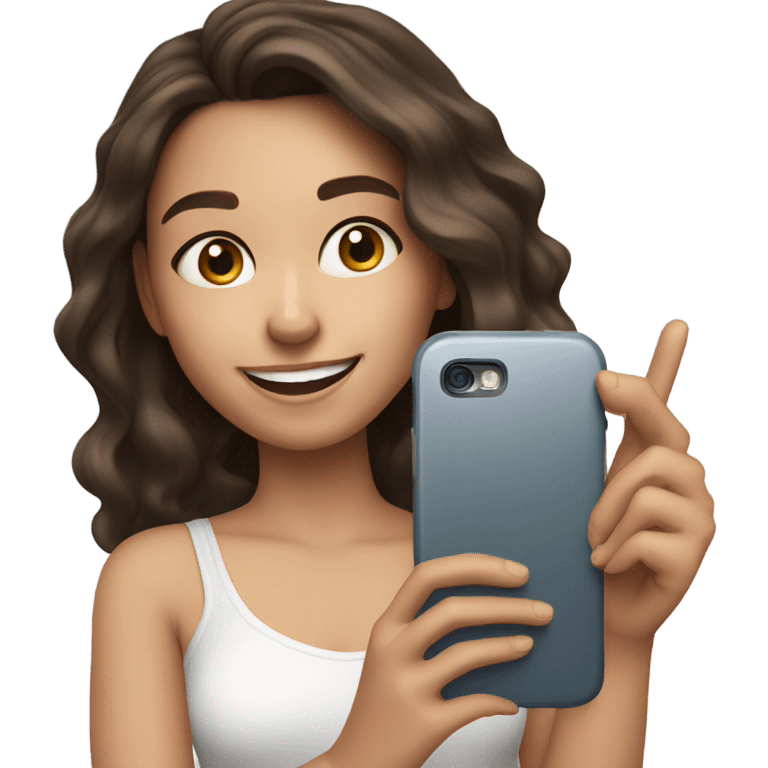 Brunette white girl taking picture with a phone emoji