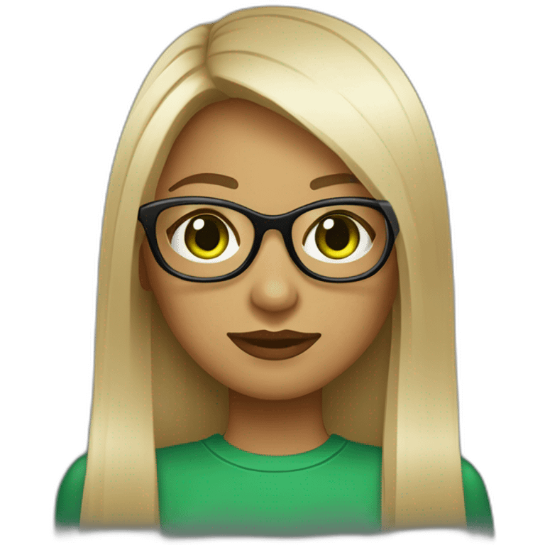 une fille avec de long cheveux noir lisse , des yeux vert , et avec des lunette (en forme de carrer un peu déformé) assez grosse comparer a ça tête , portant un pull noir emoji