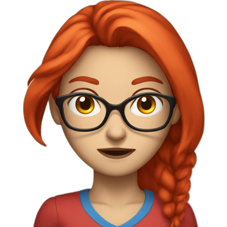 female with long bright red hair and glasses angry with blue eyes and red shirt emoji