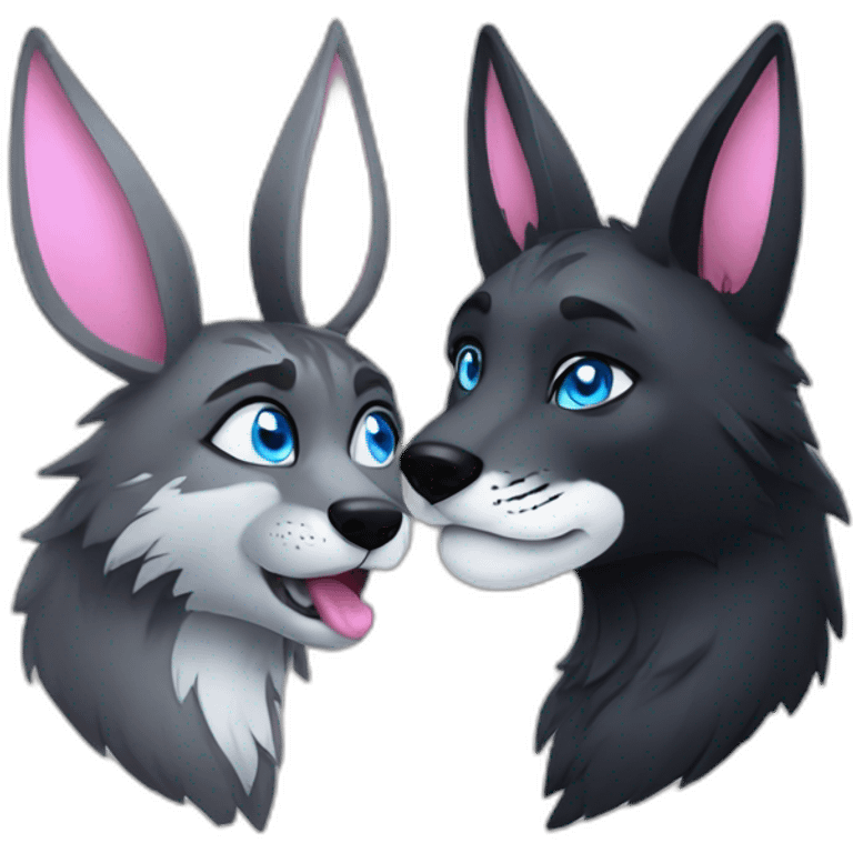 Black wolf with blue eyes kissing gray tiger with pink eyes and big rabbit ears emoji