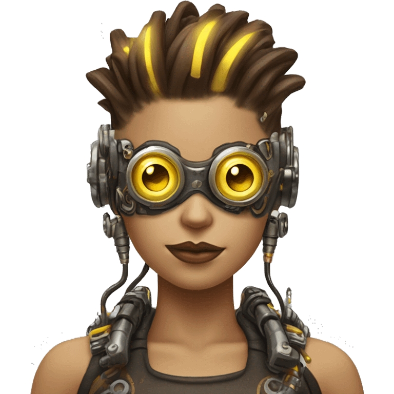 Brown with yellow streaks Mohawk hair female cyborg head, tan skin, steampunk goggles and circuits emoji