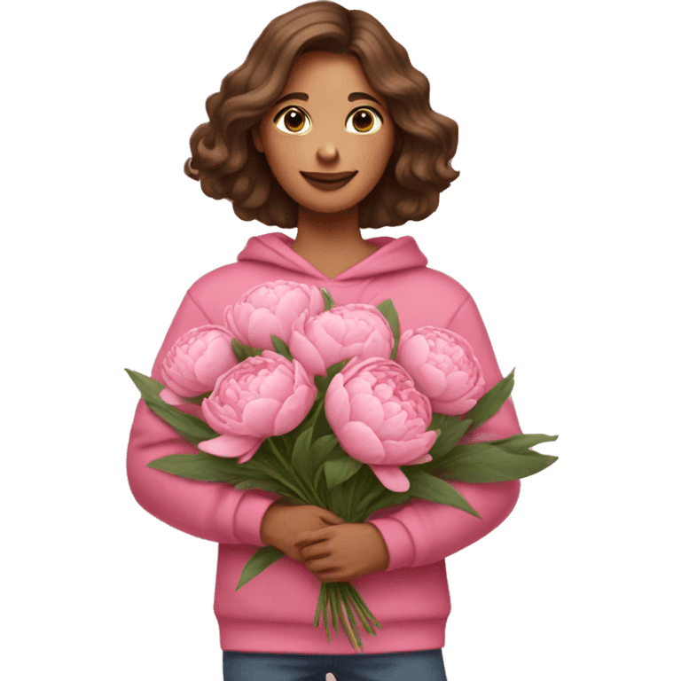 girl with brown hair in pink sweatshirt Holds a bouquet of peonies emoji