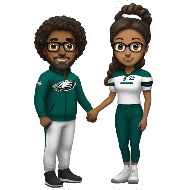 Brown guy and brown girl with glasses and hair in a bun in Philadelphia eagles clothes holding hands emoji