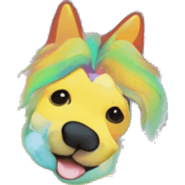 Multicolored rainbow retro groovy tie dye hippie trippy floral patterns on a metallic holographic iridescent blue dog face head unicorn emoji