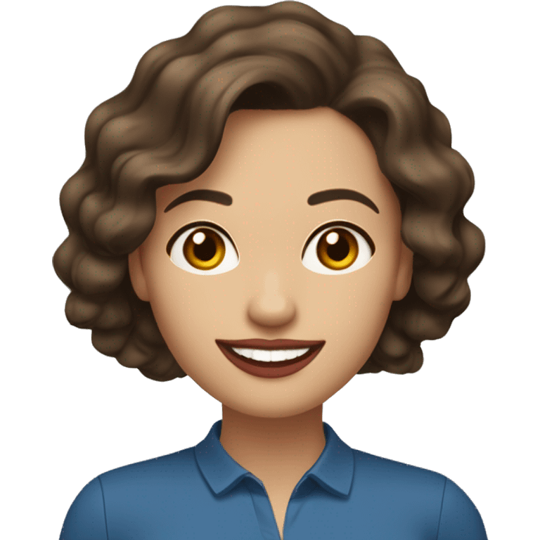 A headshot of a cheerful woman in her 30s with light skin, shoulder-length wavy dark brown hair, and a round face with prominent cheekbones. She has hazel eyes, full lips with red lipstick, and a warm, friendly smile. She's wearing a blue shirt. emoji