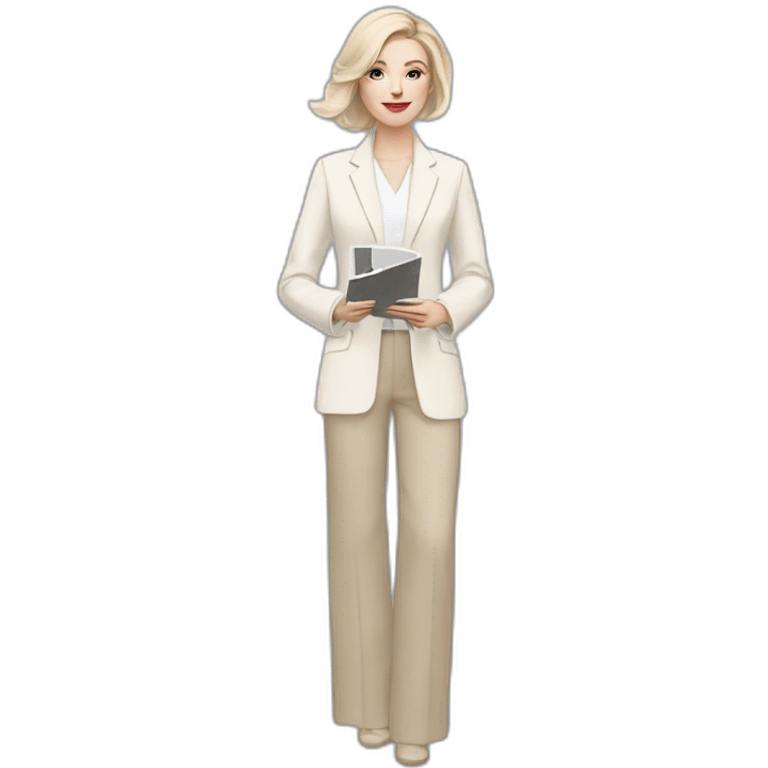 pale skin woman with ash blonde Straightened bob Hair, White Spacious classical jacket, beige palazzo Arrow pants and gray blouse holding a color palette in the hands emoji