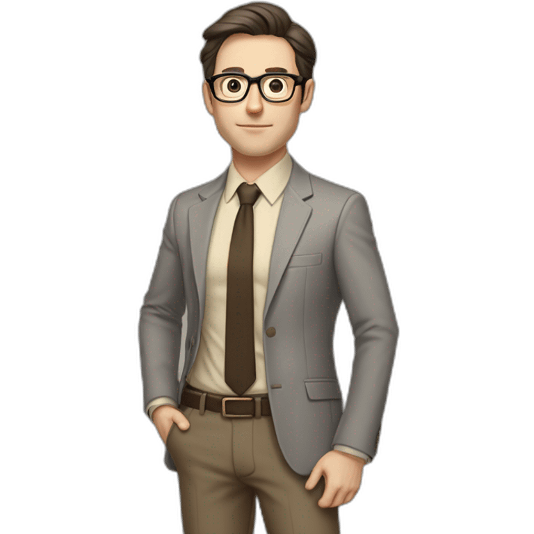 Full height Pale skinned Fit Man With dark brown hair in gray jacket, beige office shirt, tie, Brown pants and vintage glasses. Thrumbs of his palms directed up emoji