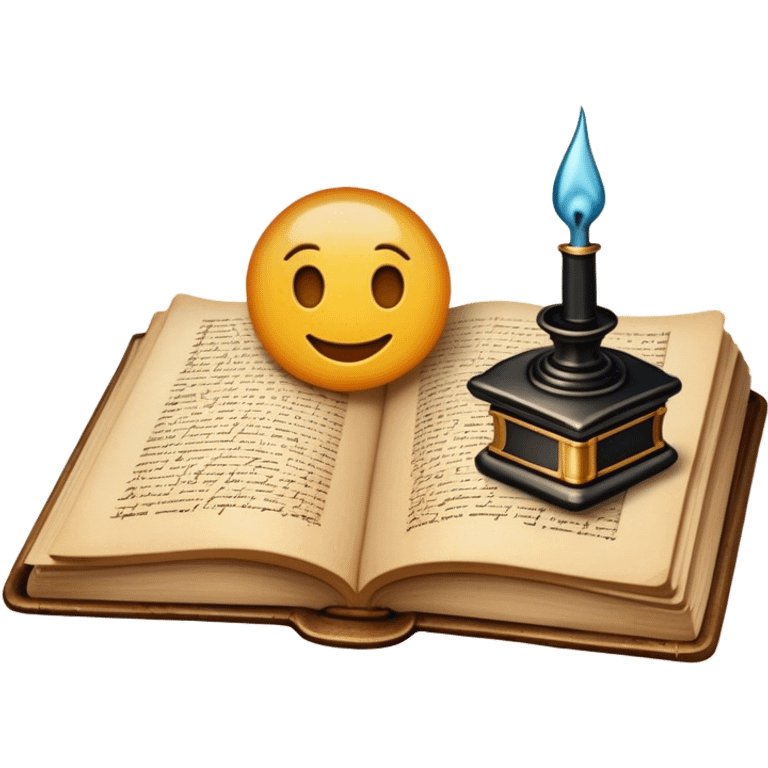 Create a vibrant emoji representing prose writing with an old-style, antique look. The design should include semi-turned pages of an old book with unfinished prose written on them. Add a vintage ink inkwell and a classic fountain pen or quill with black ink. The overall style should evoke a sense of timeless storytelling and literary craftsmanship. Make the background transparent. emoji