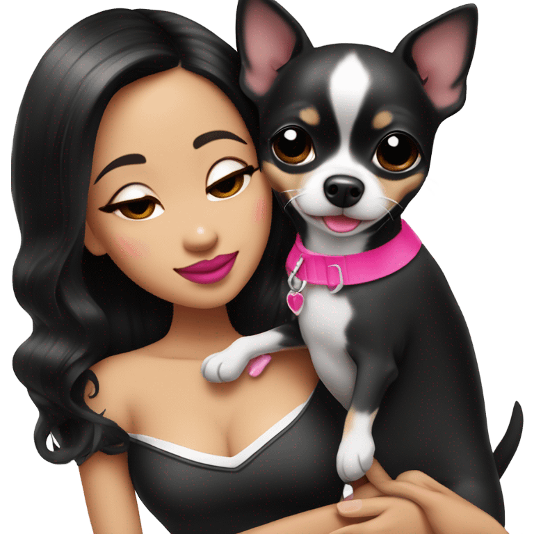 Thick medium black hair with hot pink lips and pink cheek smiling Filipino lady hugging black and white Chihuahua  emoji