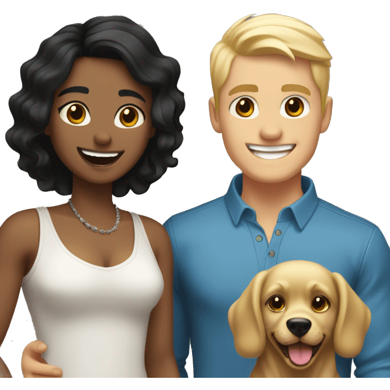 Gay couple, 1 Latino black hair and 1 Australian blonde hair with a dog in the middle laughing full body emoji