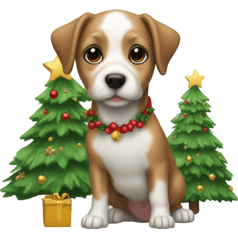 Little dog with Christmas tree emoji