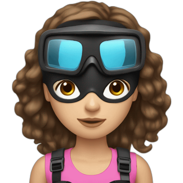 a woman with an a black scubadiver suit. she wear a pink dive mask, she has blue eyes inside the dive mask. brown long and straight hair emoji