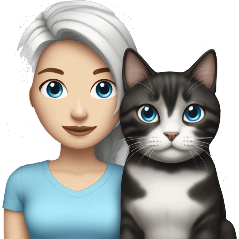 White woman with black hair and blue eyes with tabby cat emoji