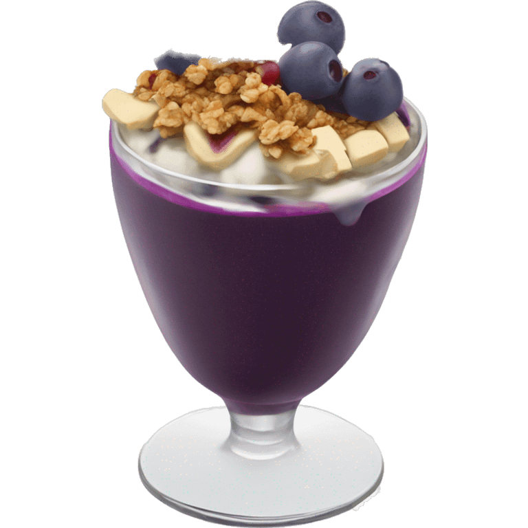 Açaí in a clear cup with layers of fruits and granola and condensed milk emoji