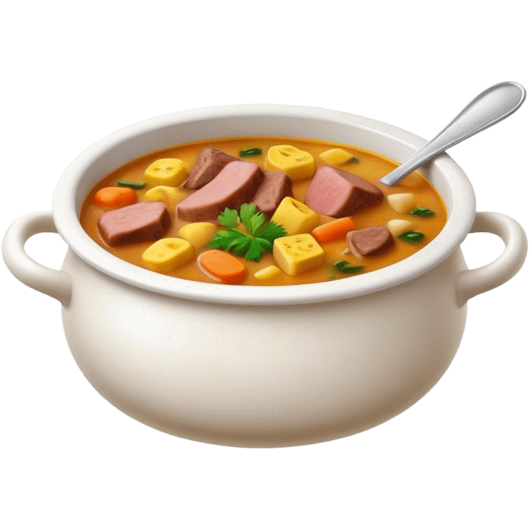 Cinematic Realistic Sancocho Soup Dish Emoji, featuring a rich, hearty stew with diverse meats and vegetables rendered with lifelike detail and warm, comforting lighting. emoji