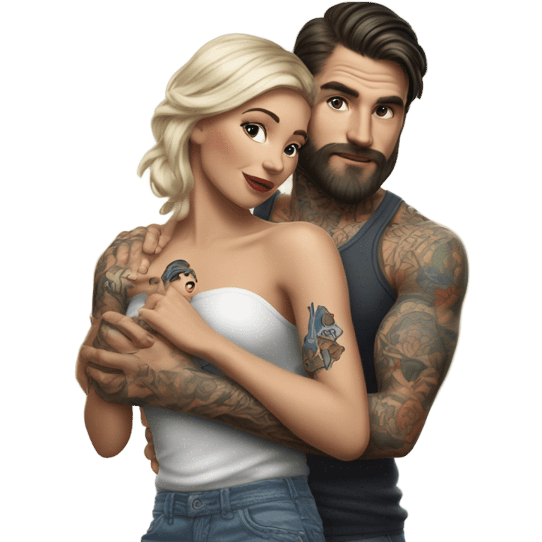 Hyper Realistic beautiful woman in the arms of a very handsome tattooed man playing  emoji