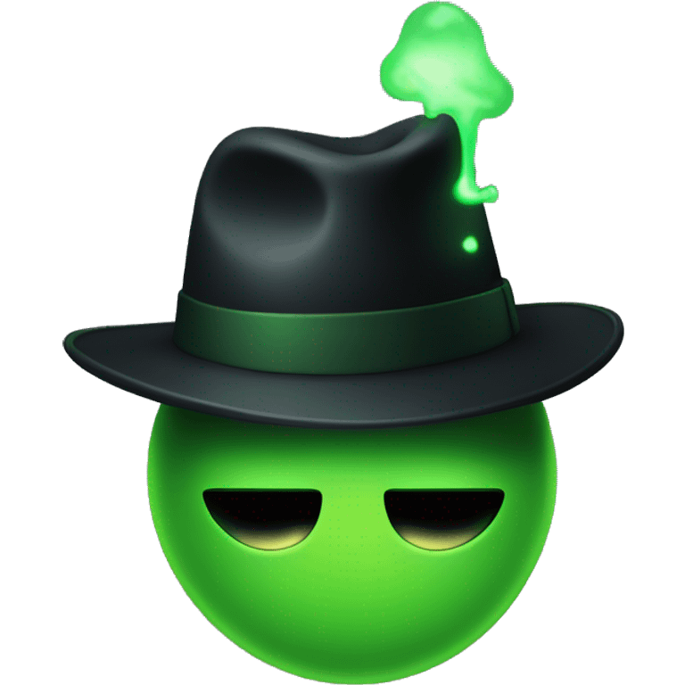 flushed with a green glowing face, wearing a black fedora hat emoji