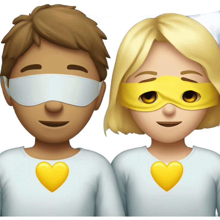 Two blonde children, sick, each in their own bed, wearing masks, one Boy, one girl,, at home, get well soon sign with yellow heart emoji