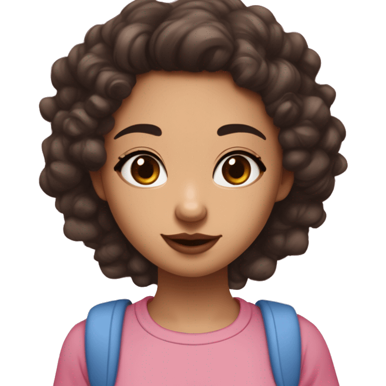 girl has darkbrown curlyhair and brown eye  a skin between white and brown and a Asian type nose and a mole uner her nose and between har first lip and her nose and she has also kinda big forhead and pink kinda big lips and wearing a pink and blue t shirt emoji