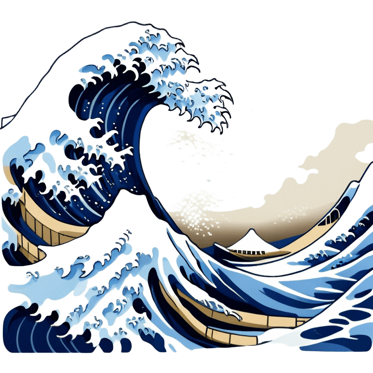 Cinematic Realistic Great Wave off Kanagawa, depicted as a colossal, crashing wave with dynamic blue hues and frothy white crests, rendered with intricate textures and fluid motion that captures both the timeless power and poetic beauty of the iconic Japanese artwork emoji