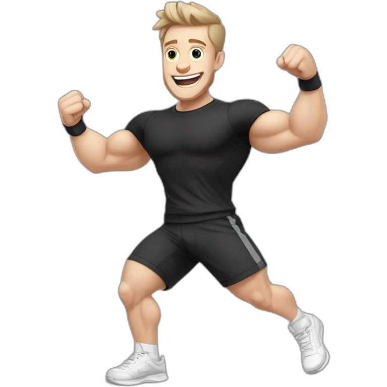 Joyful Celebrating victory Pale skinned Fit Man With the biceps and dark brown hair in black shirt, gray sports shorts and white Sneakers emoji