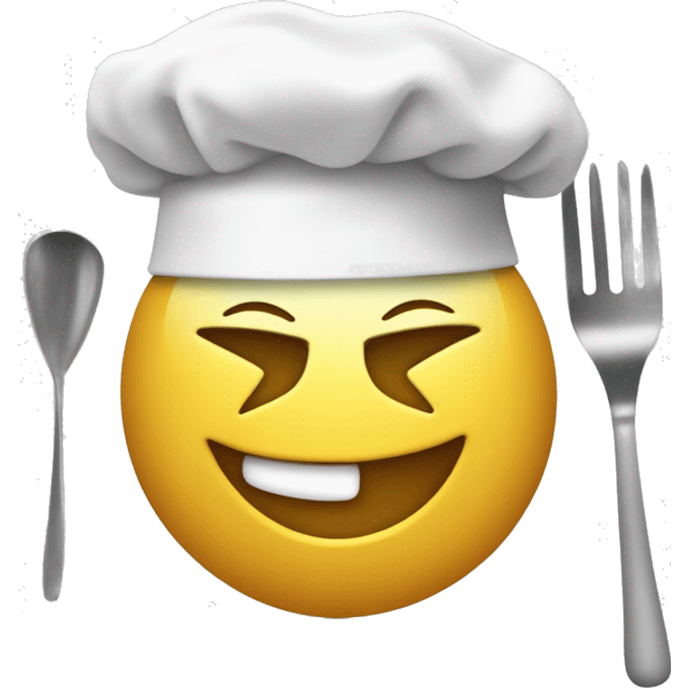 Create a Smiley face with one eye blinking, add a chef's white hat on its head, make the hat big enough, and show two hands where in one hand it is holding a spatula and mixing something in a bowl which is being held in its second hand. emoji