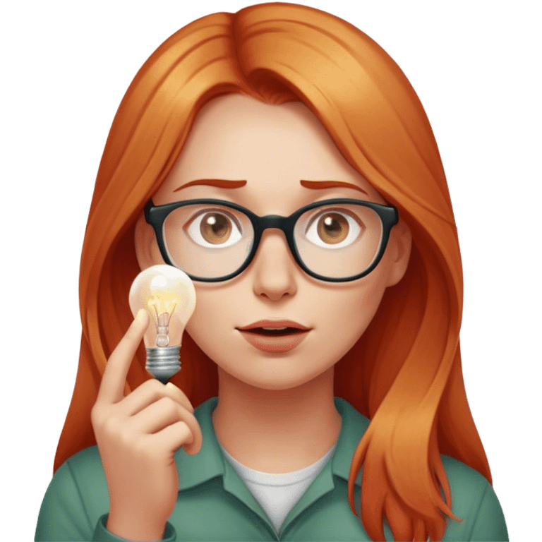 intelligent and clever, 30 year old, girl, long red and almost blond hair, glasses, has an idea, rubs her finger on the nose, light bulb over the head, casual cloth  emoji