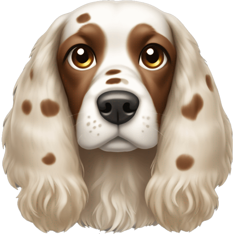 Cocker spaniel with a brown and white spots and hairs poking out on top of head  emoji