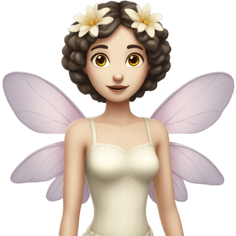 Pale skin, brunette fairy woman with flower wings full body  emoji