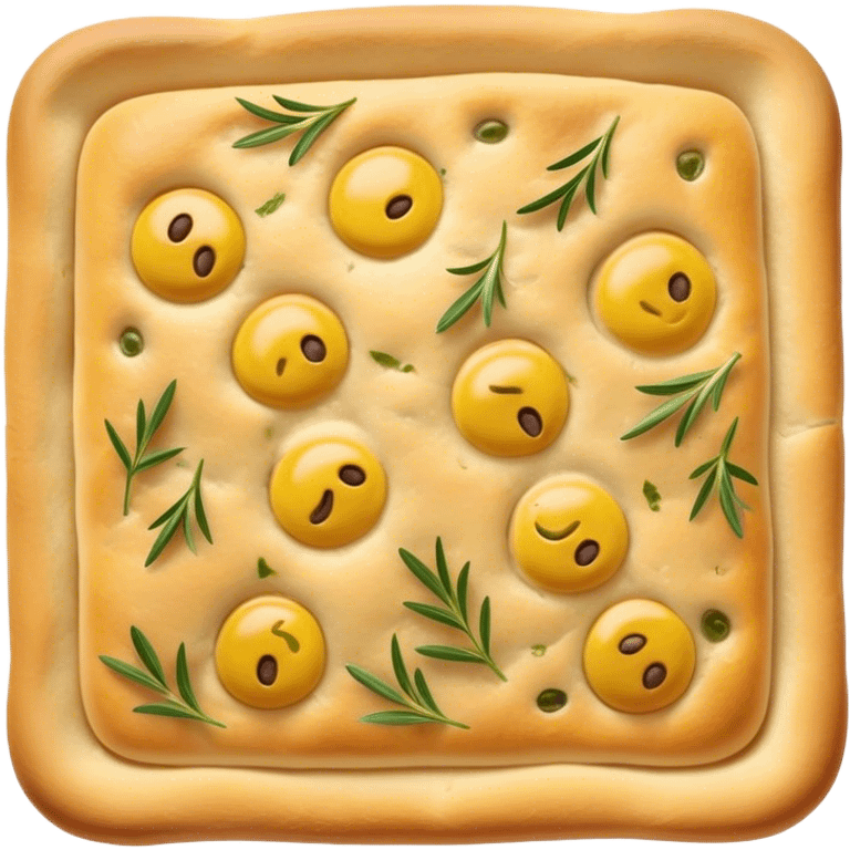 Cinematic Realistic Focaccia Bread Dish Emoji, depicted as a golden, olive oil brushed flatbread sprinkled with herbs rendered with lifelike texture and soft, appetizing lighting. emoji