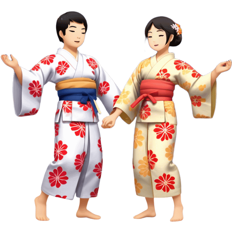 Cinematic Realistic scene of two performers engaging in Bon Odori, dressed in traditional yukata with intricate summer patterns, captured in graceful, rhythmic motion with warm, festive lighting emoji