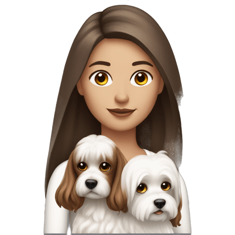 beautiful woman, straight long medium brown hair, big boobs, brown eyes With white Maltese dog emoji