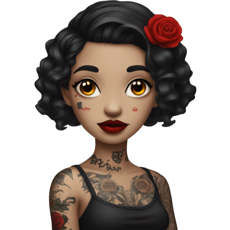 Pale black haired girl with black tattoos on body wearing red lipstick  emoji