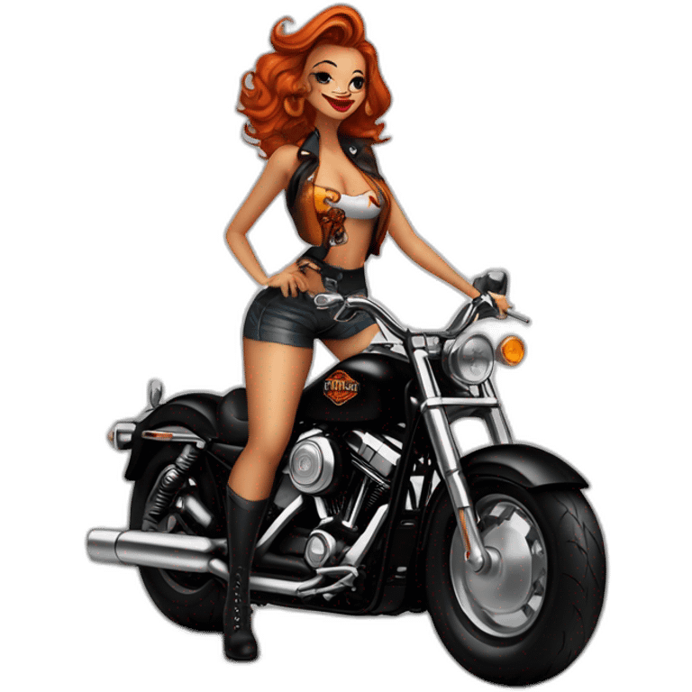 Chica pin up pelirroja sobre moto Harley Davidson negra emoji