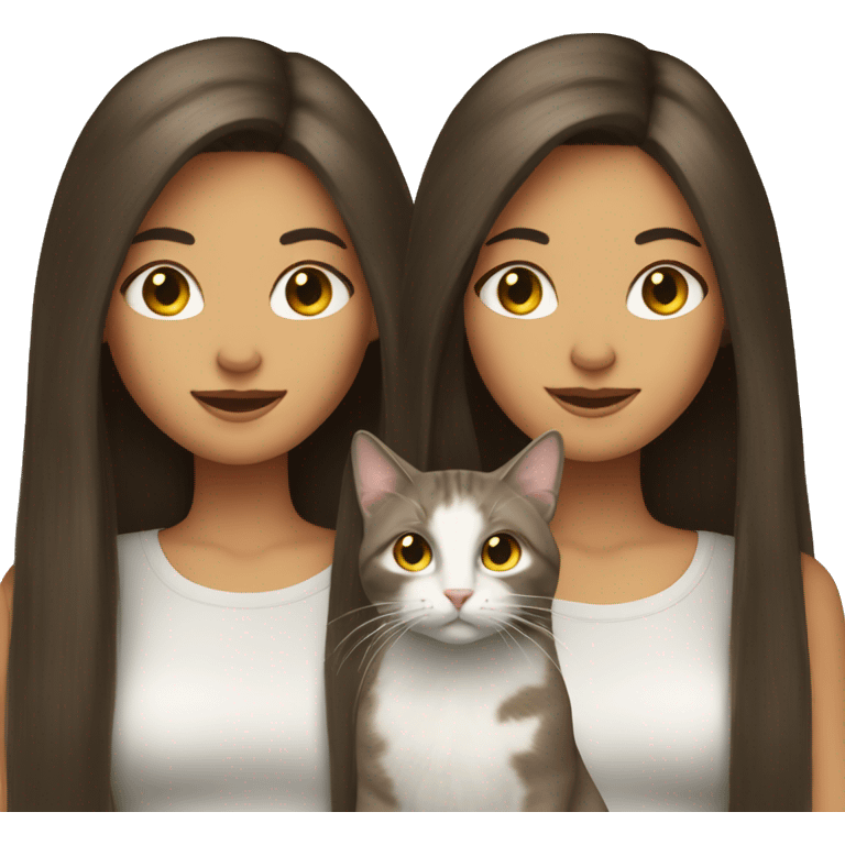 Two long hair brunette girls with TWO cats emoji