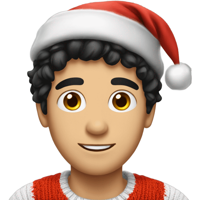 Young Italian man with black hair wearing a knitted Christmas sweater and a Santa hat  emoji