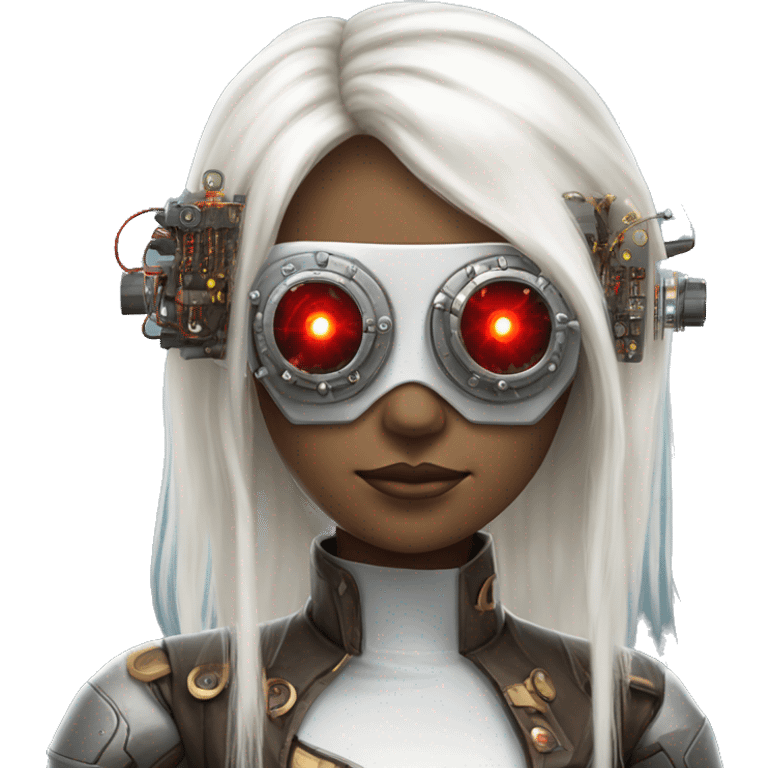 White long hair female cyborg head with red steampunk goggles and circuits emoji