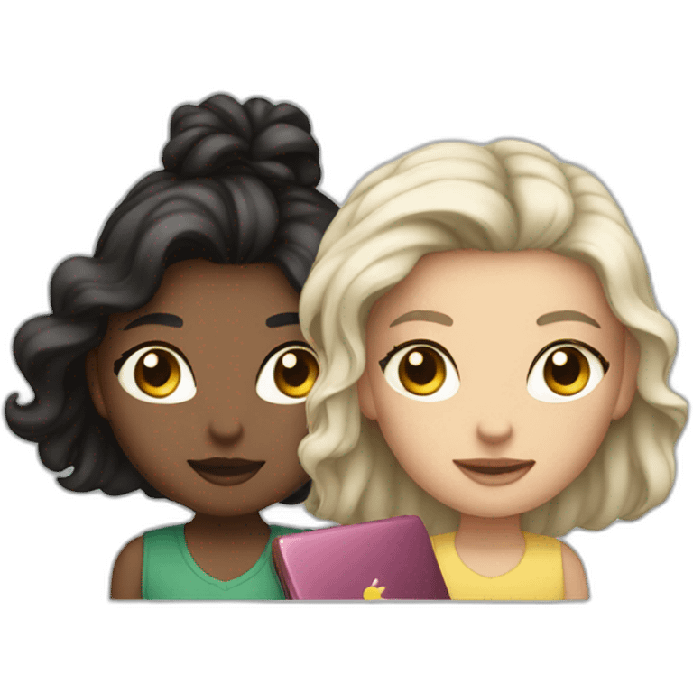 two girls, one with dark hair, the other with light hair, are standing behind macbooks emoji