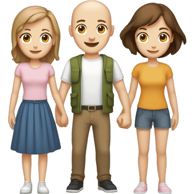 Two girls and one guy holding hands, both girls white skin, one girl brown hair, other girl no hair, guy is standing in the middle and has short brown hair emoji