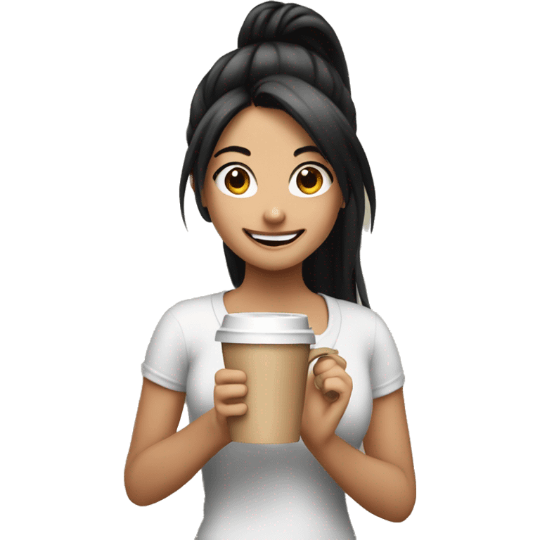 smiling girl with long black hair ponytail standing with a coffee in her hands emoji