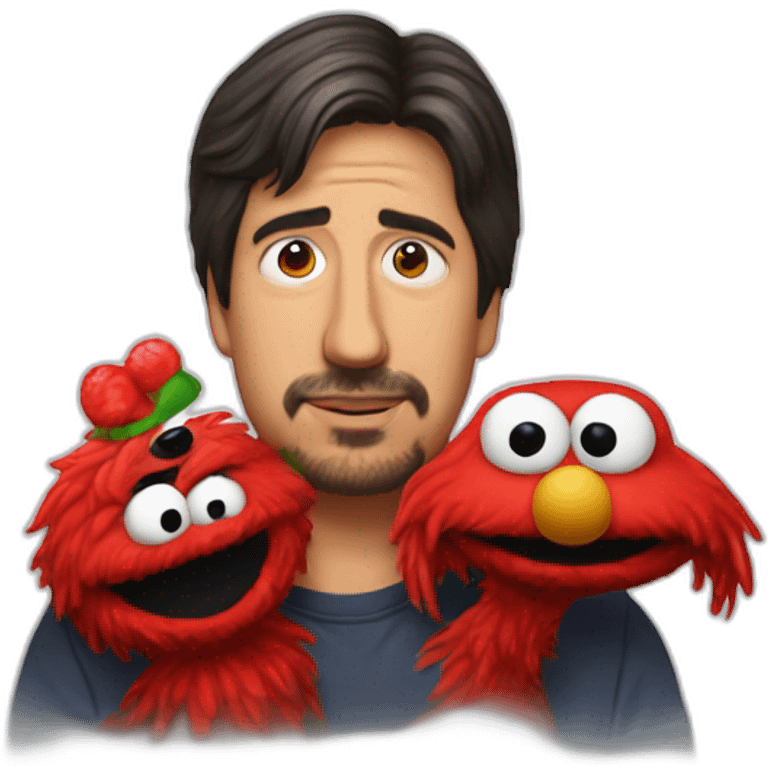 Ray Romano holding a limp shuteyed Elmo by the scruff of his neck emoji