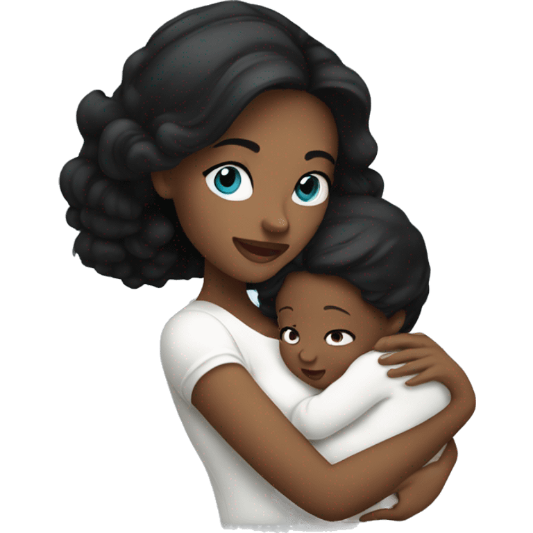 mom holding newborn baby girl with blue eyes white skin black hair emoji