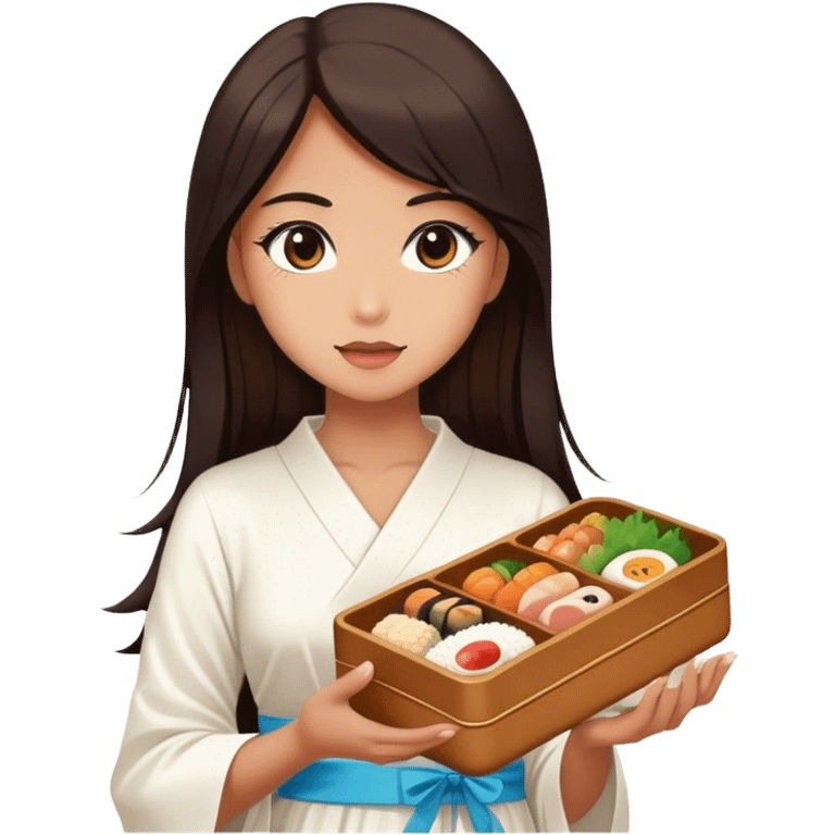 Beautiful woman in 1950’s woman fashion look, white dress, long dark brown hair, Japanese bento emoji