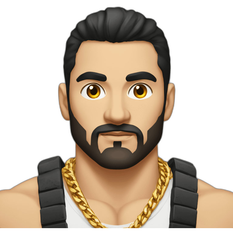 Russian muscular thug man aged 26 wearing gold chain with black hair and short beard emoji