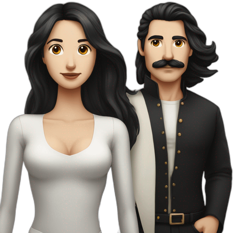 couple black hair white skin and moustache man  with black and long hair with skin lady emoji