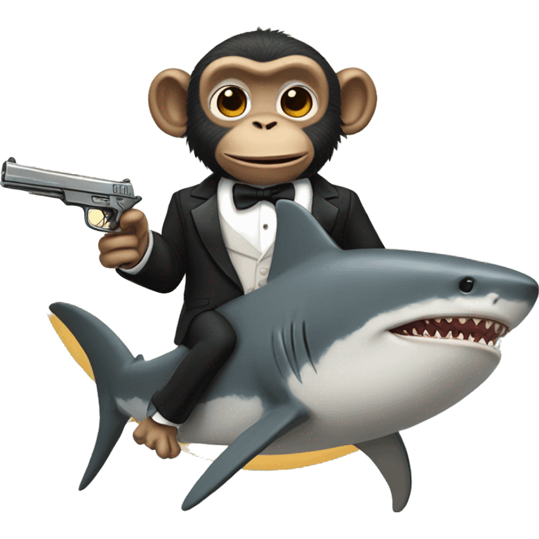 monkey riding a shark holding a gun wearing a tuxedo emoji