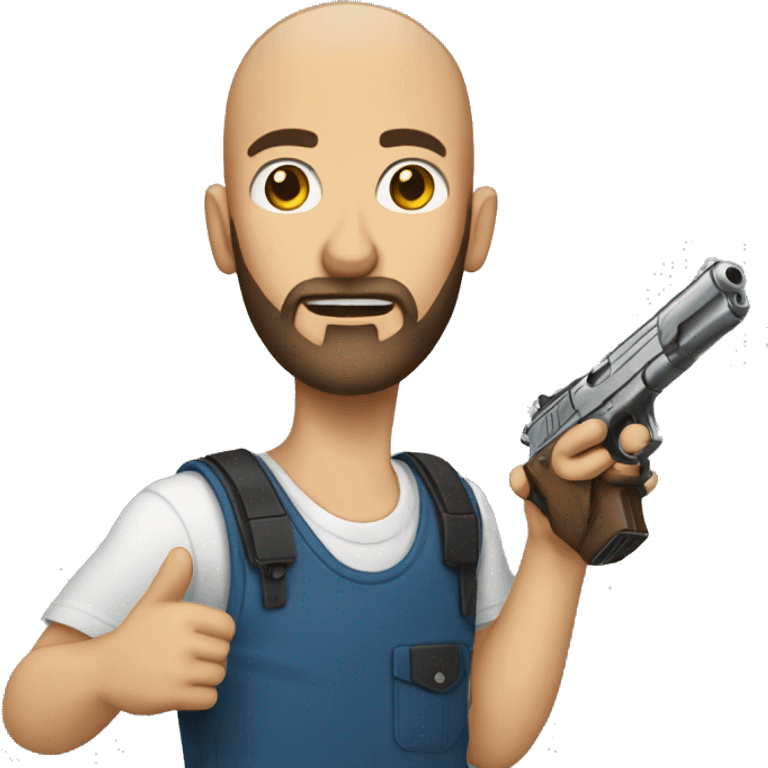 Guy with beard and no hair holding a gun fake pointing emoji